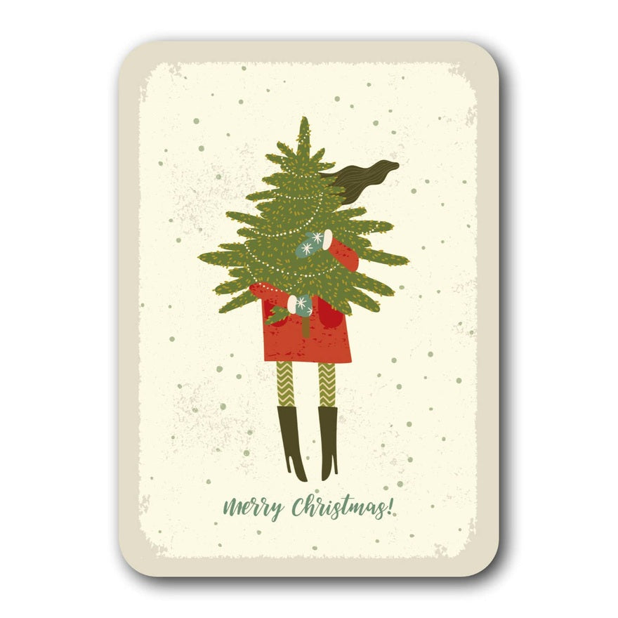 Woman Carries The Christmas Tree