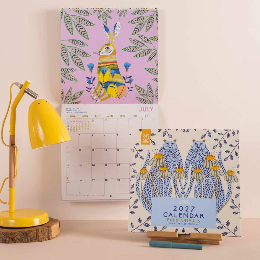 2027 Wall Calendar | Folk Animals By Ashley Percival | Sunday Start